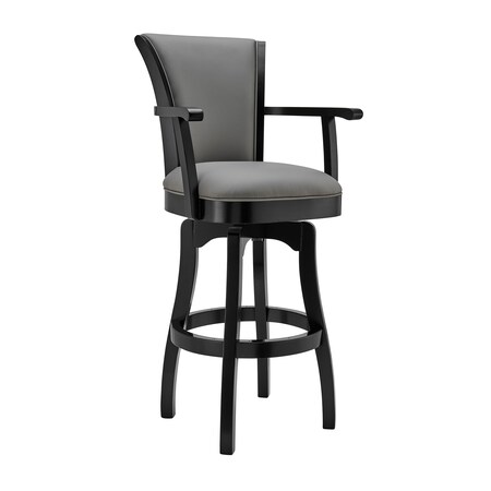 Armen Living Raleigh 30" Bar Height Swivel Gray Faux Leather and Black Wood Arm Bar Stool LCRABAARBLGR30